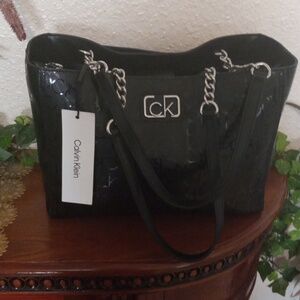 Calvin Klein Black and Silver Chain Patent leather Tote